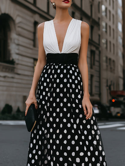 Deep V-Neck Polka Dot A-Line Maxi Dress