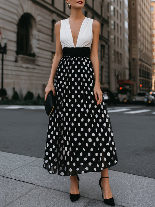 Deep V-Neck Polka Dot A-Line Maxi Dress