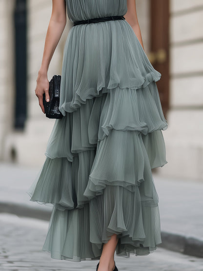 Halter Neck Tiered Ruffle Pleated Maxi Dress